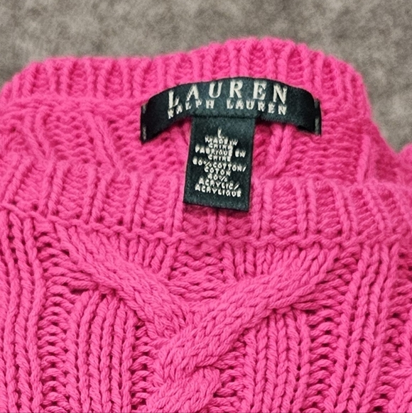 L-RL Women's Vibrant Pink Cable Knit Crewneck Sweater Size--L - Picture 5 of 6